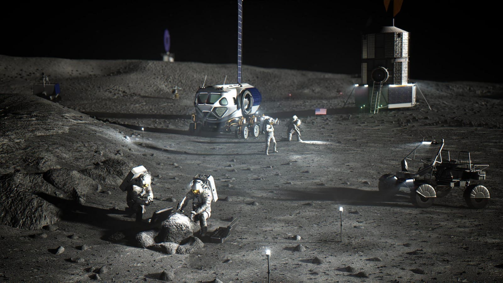 Artist’s concept of an Artemis base camp with a habitat, lander and rover on the lunar surface
