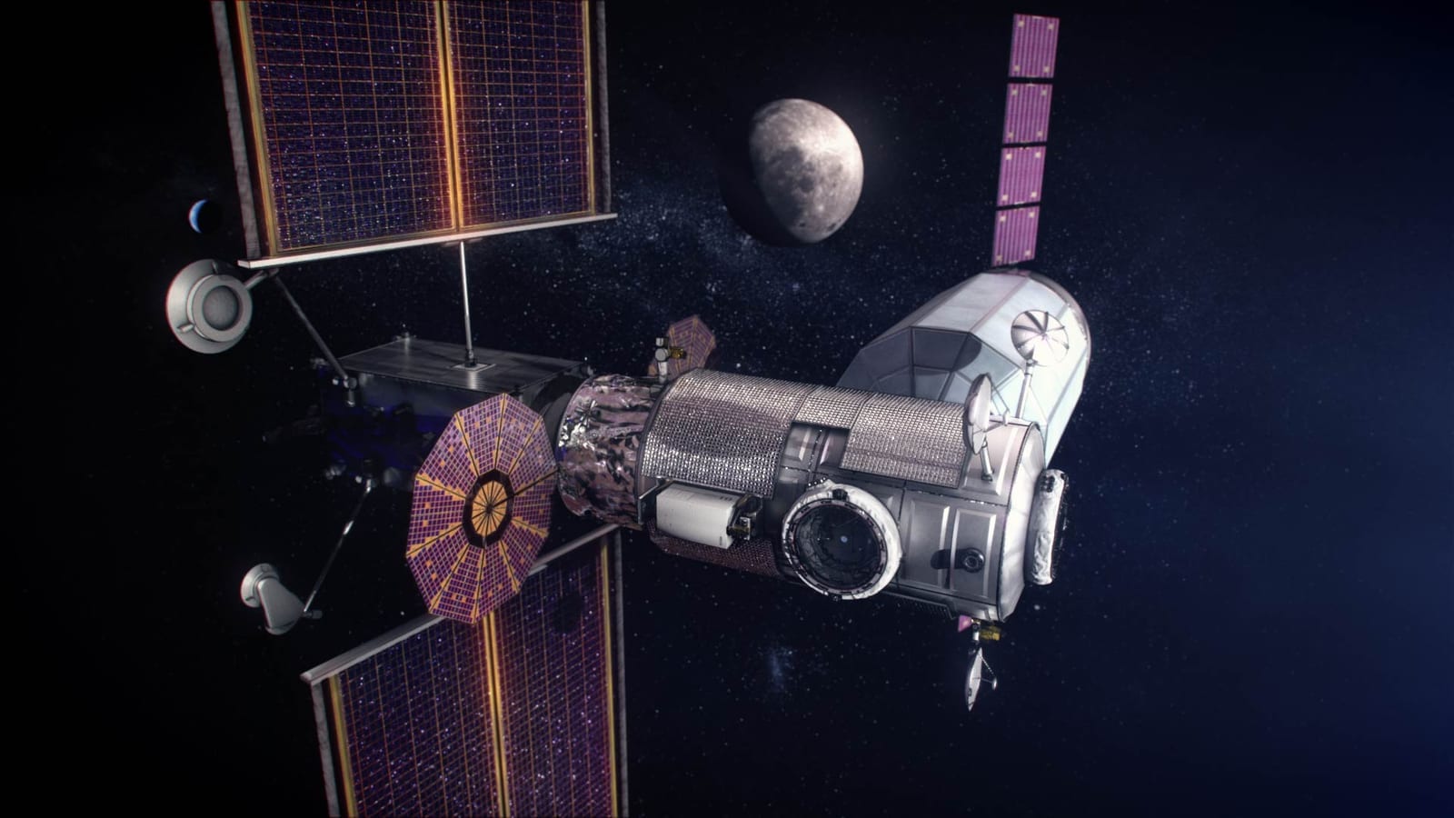 Artist’s concept of the Gateway space station in orbit around the Moon