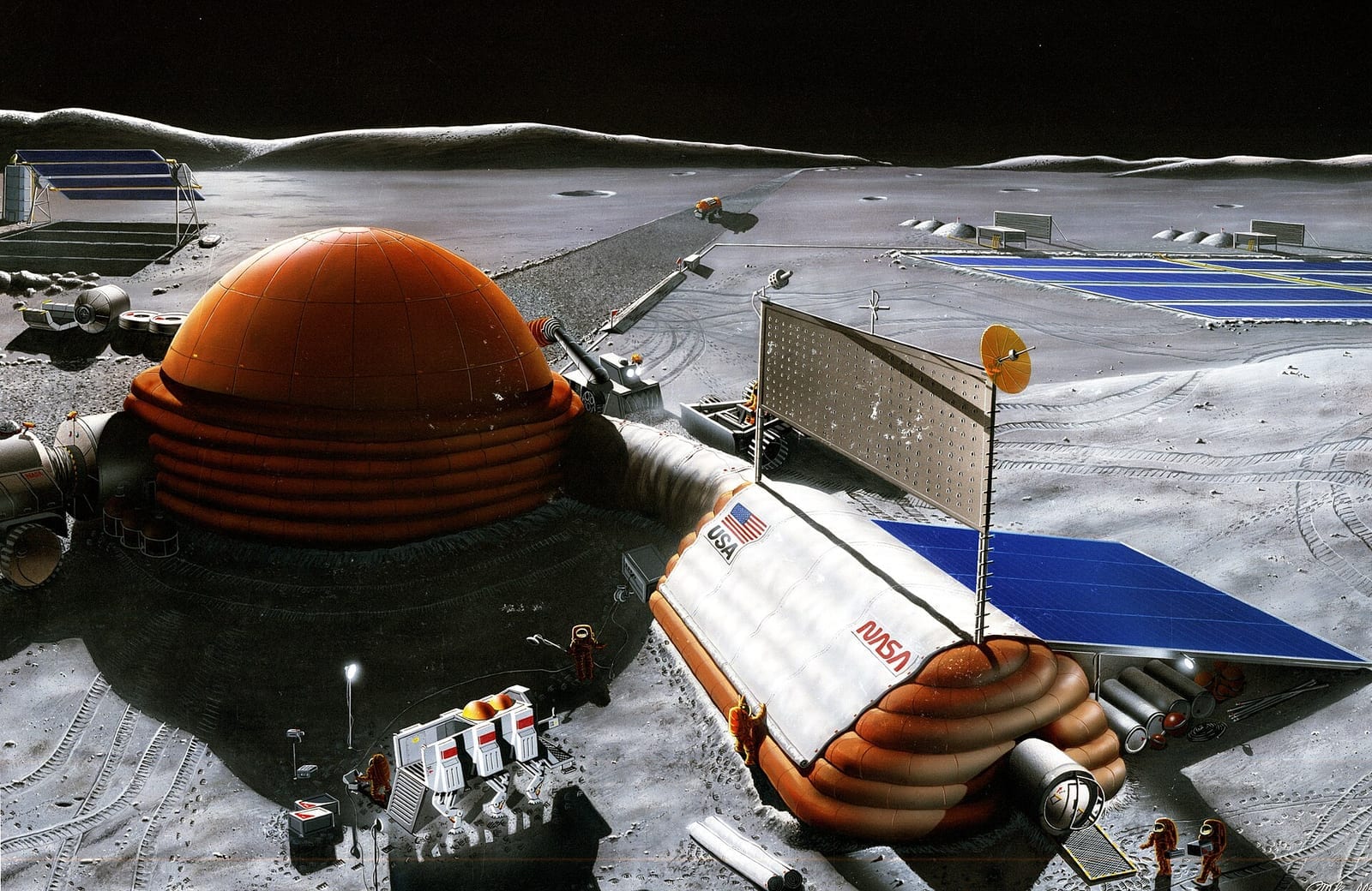 Artist’s concept of a lunar base with connected habitat modules, solar arrays and a rover