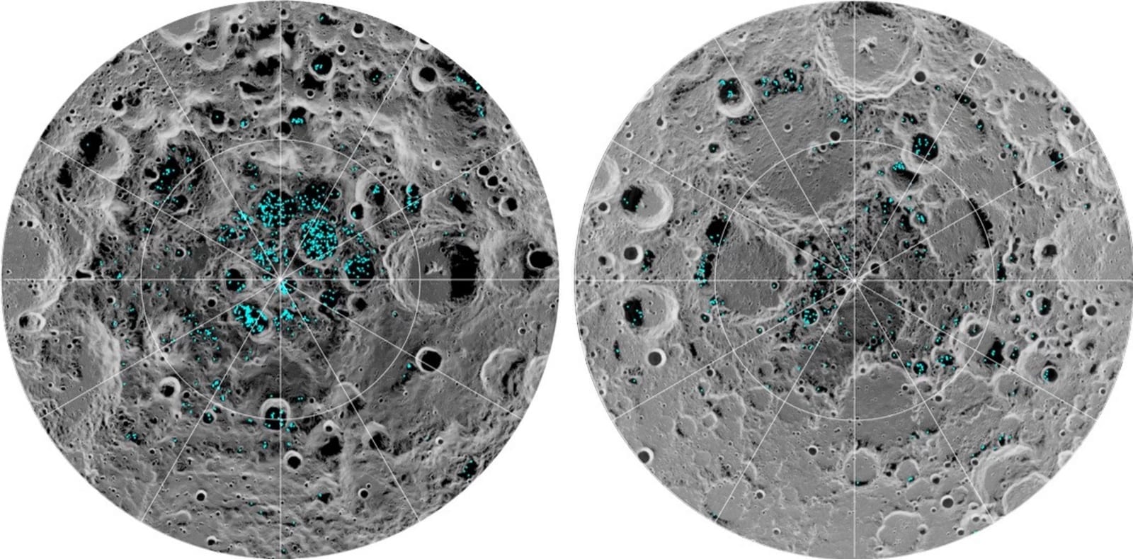 Map of the lunar south pole highlighting permanently shadowed regions that may hold water ice