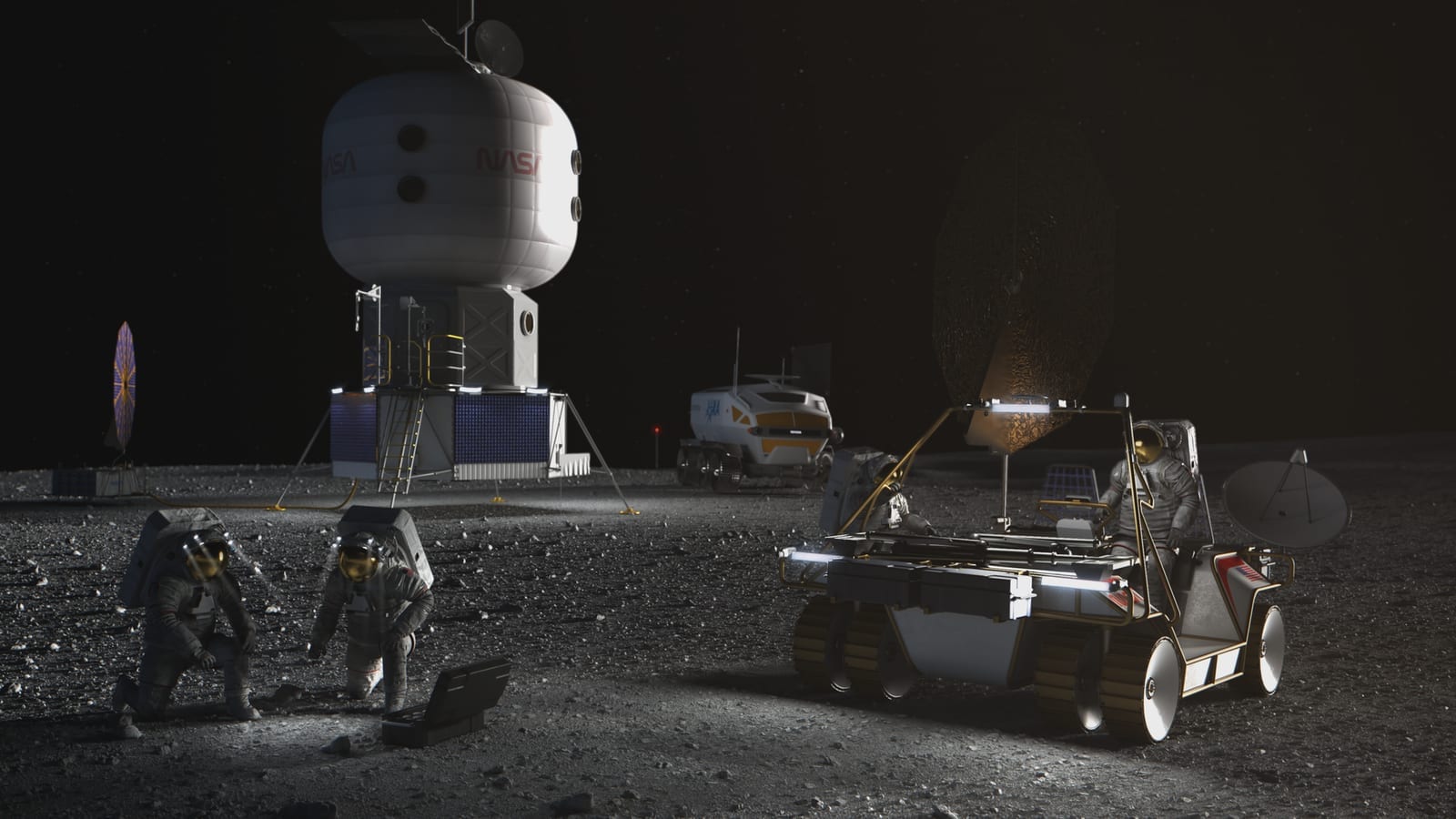 Artist’s concept of a lunar base near the south pole with resource-processing equipment