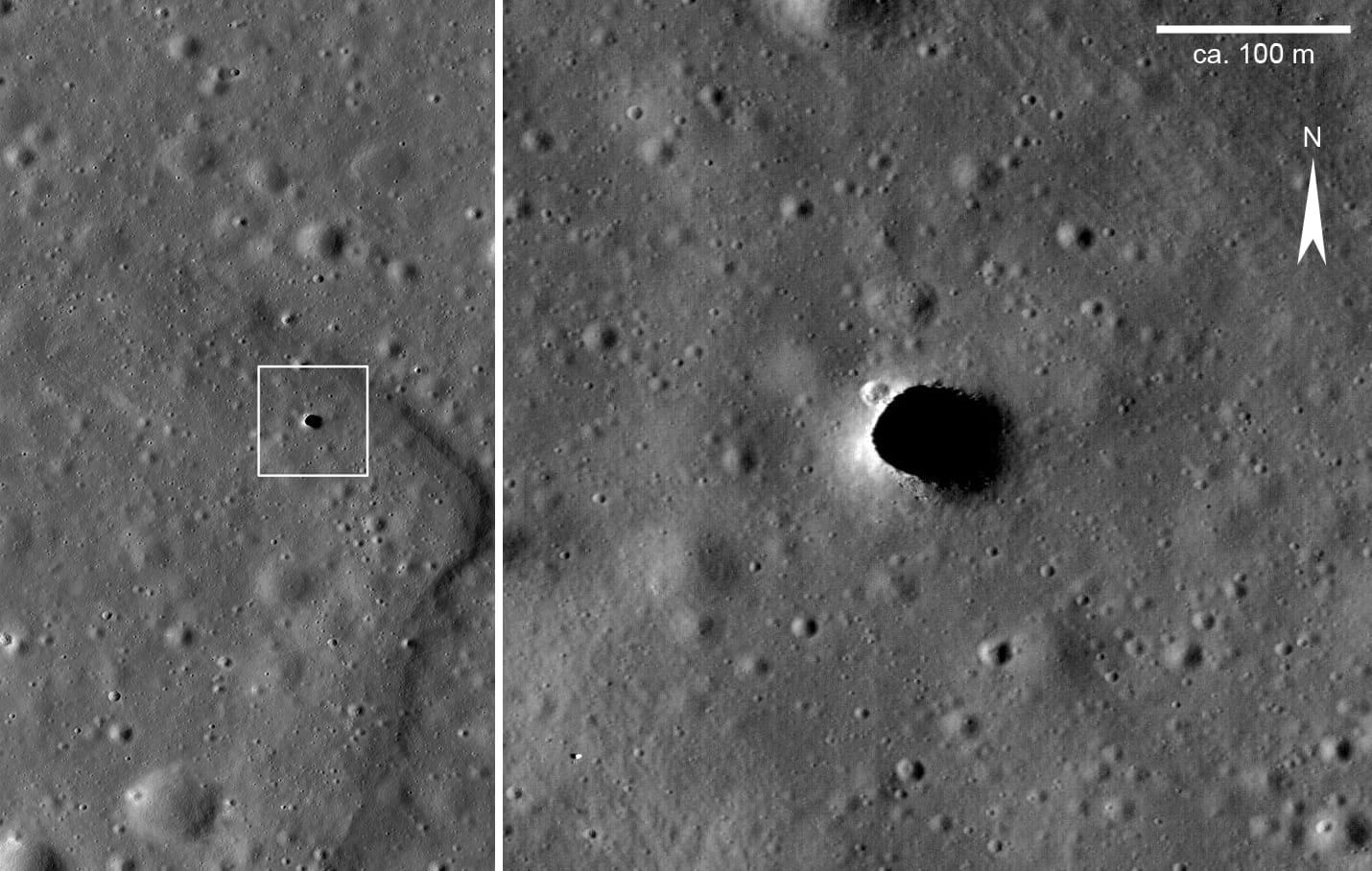 A collapsed pit exposing an underground lunar lava tube