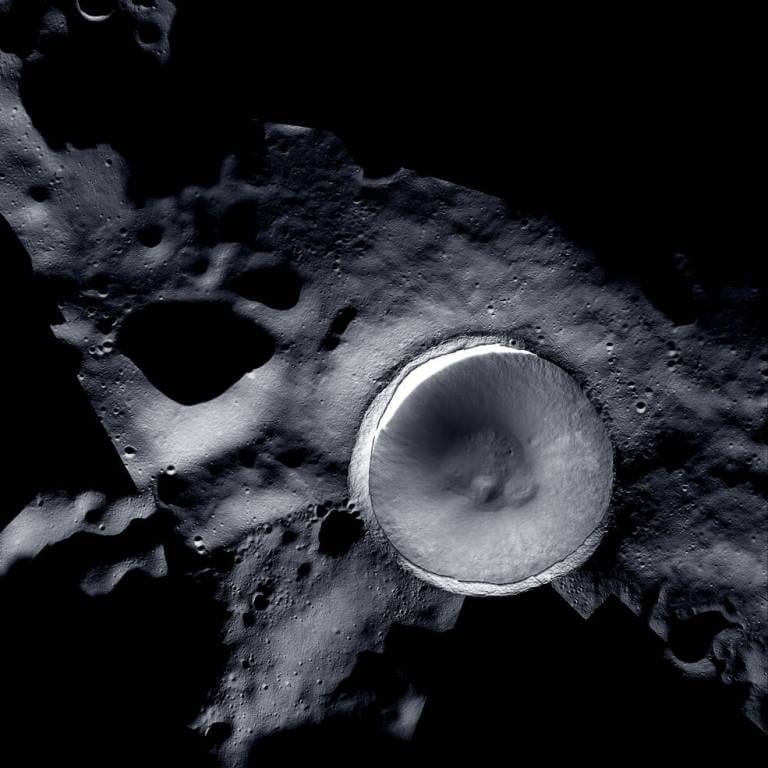 A polar crater with a permanently dark floor, imaged by lunar orbiters