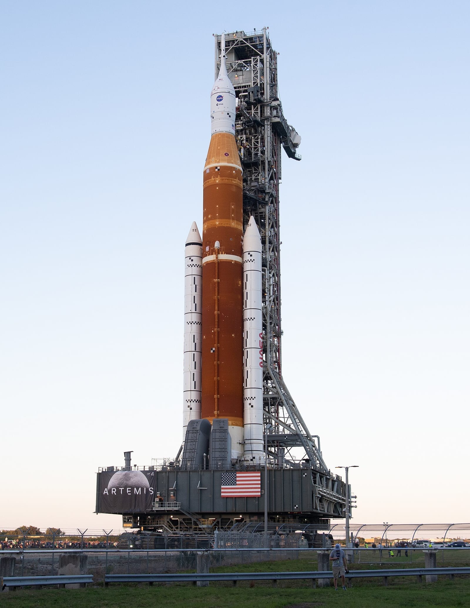 The Space Launch System rocket stacked with its twin solid rocket boosters