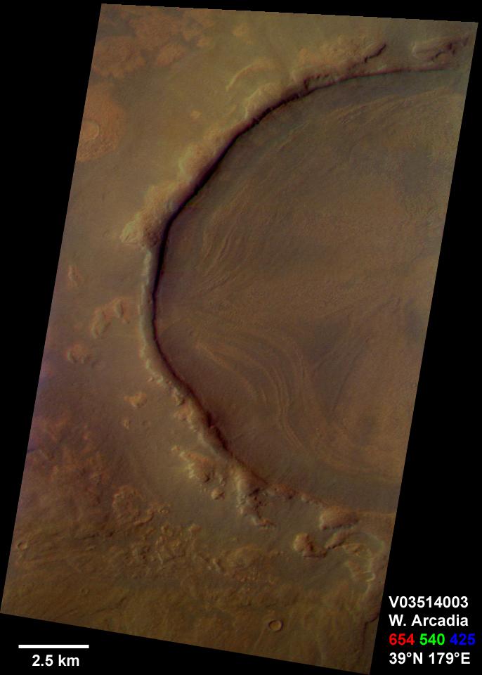 Mars Odyssey approximate true colour image of an ice-modified crater in western Arcadia Planitia near 39 degrees north