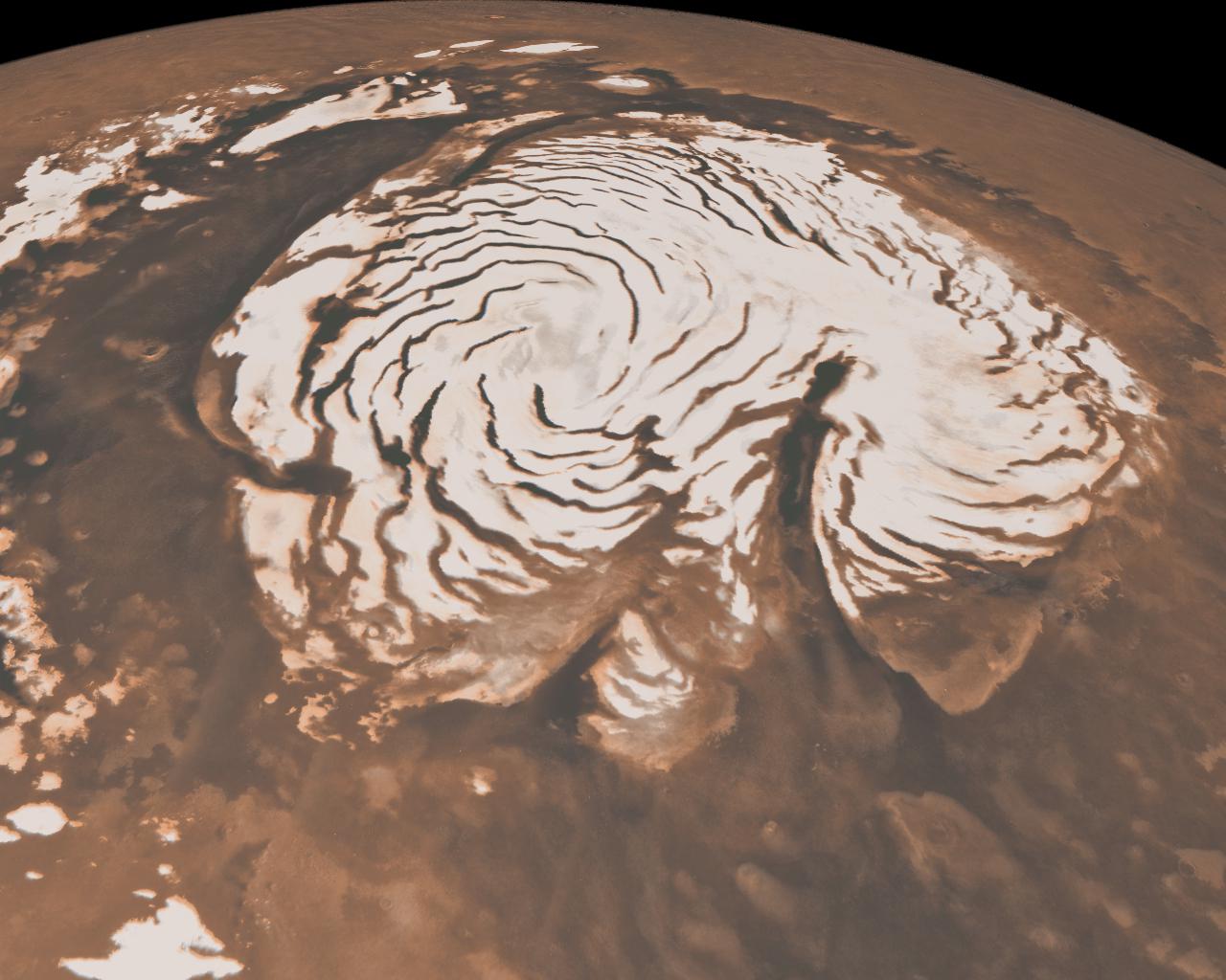 The layered water-ice north polar cap of Mars seen from orbit