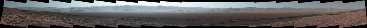 A wide, barren panorama of Gale Crater on Mars photographed by the Curiosity rover
