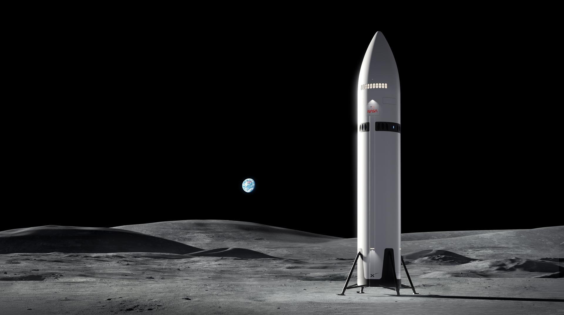 Artist’s concept of SpaceX’s Starship Human Landing System standing on the Moon