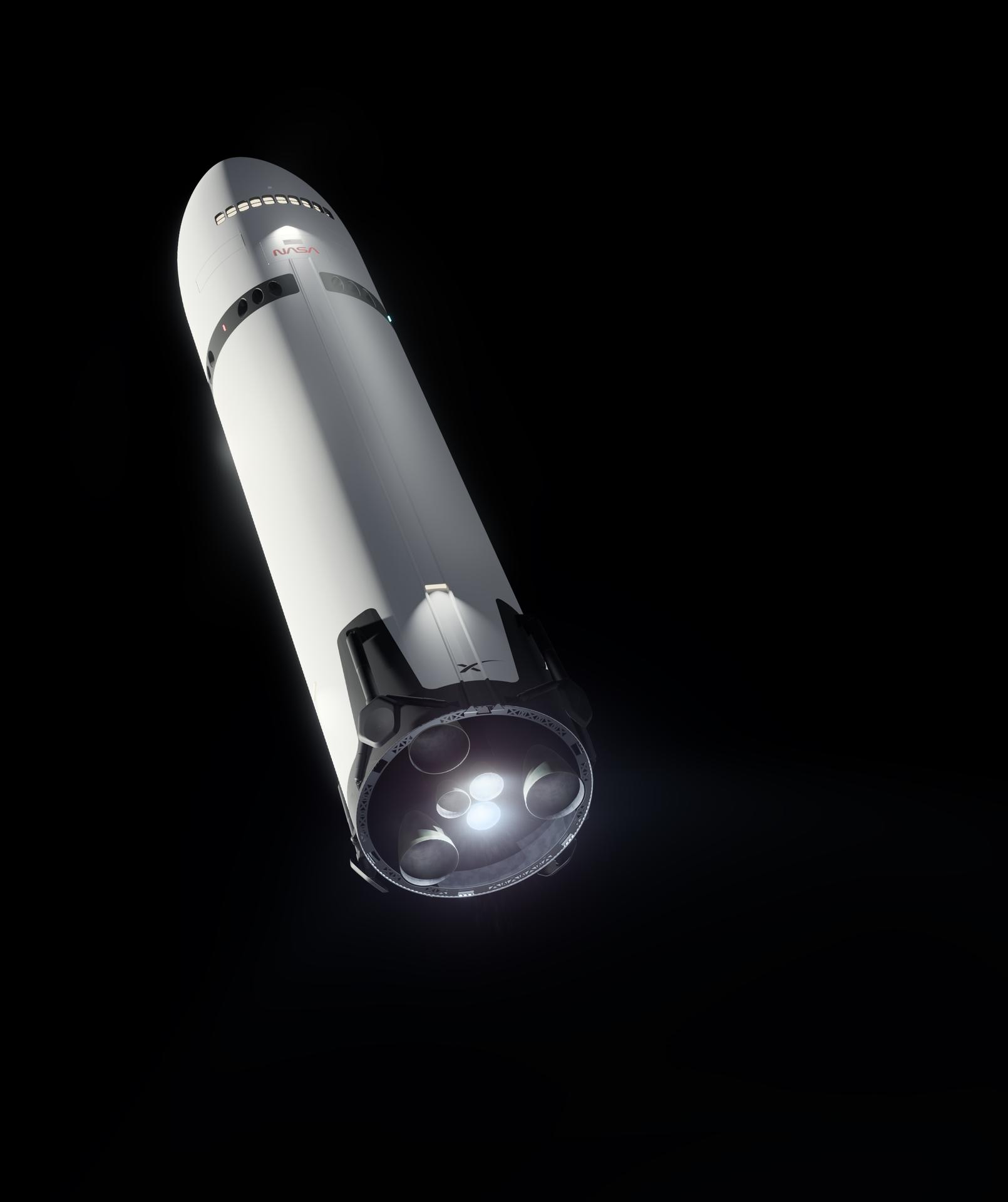 Artist’s concept of Starship’s cluster of Raptor engines firing in space