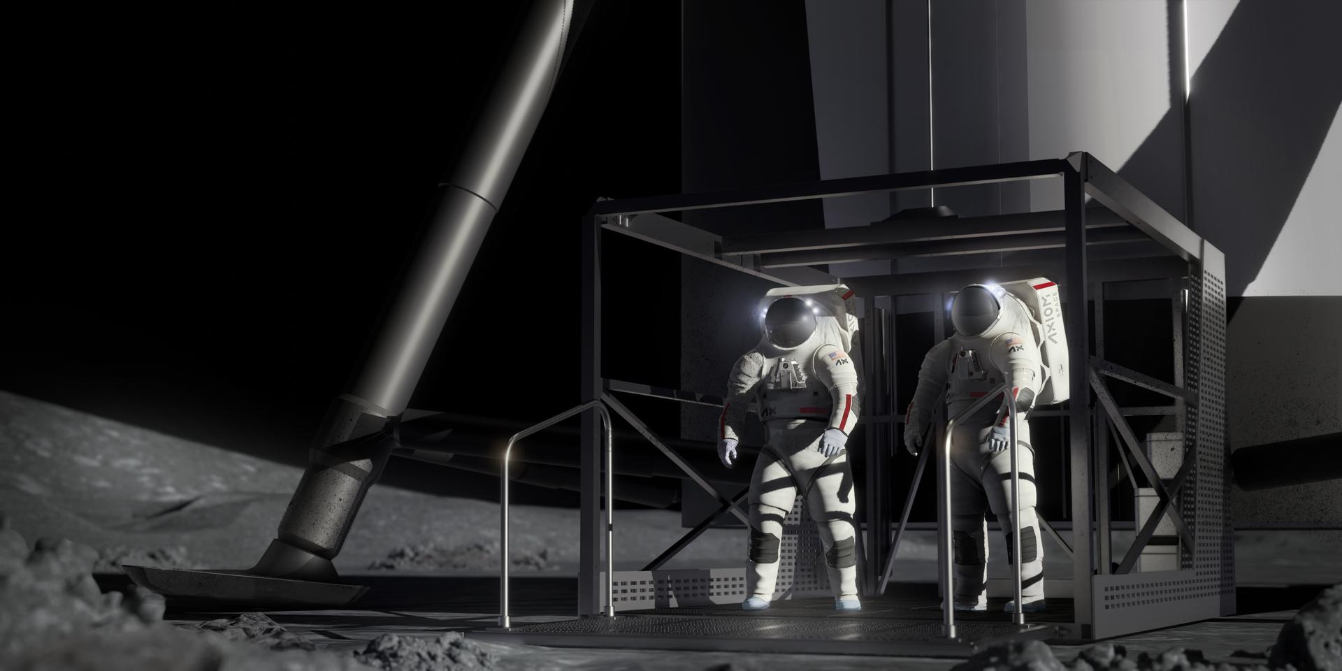 Artist’s concept of two astronauts on the elevator platform at the base of Starship on the Moon