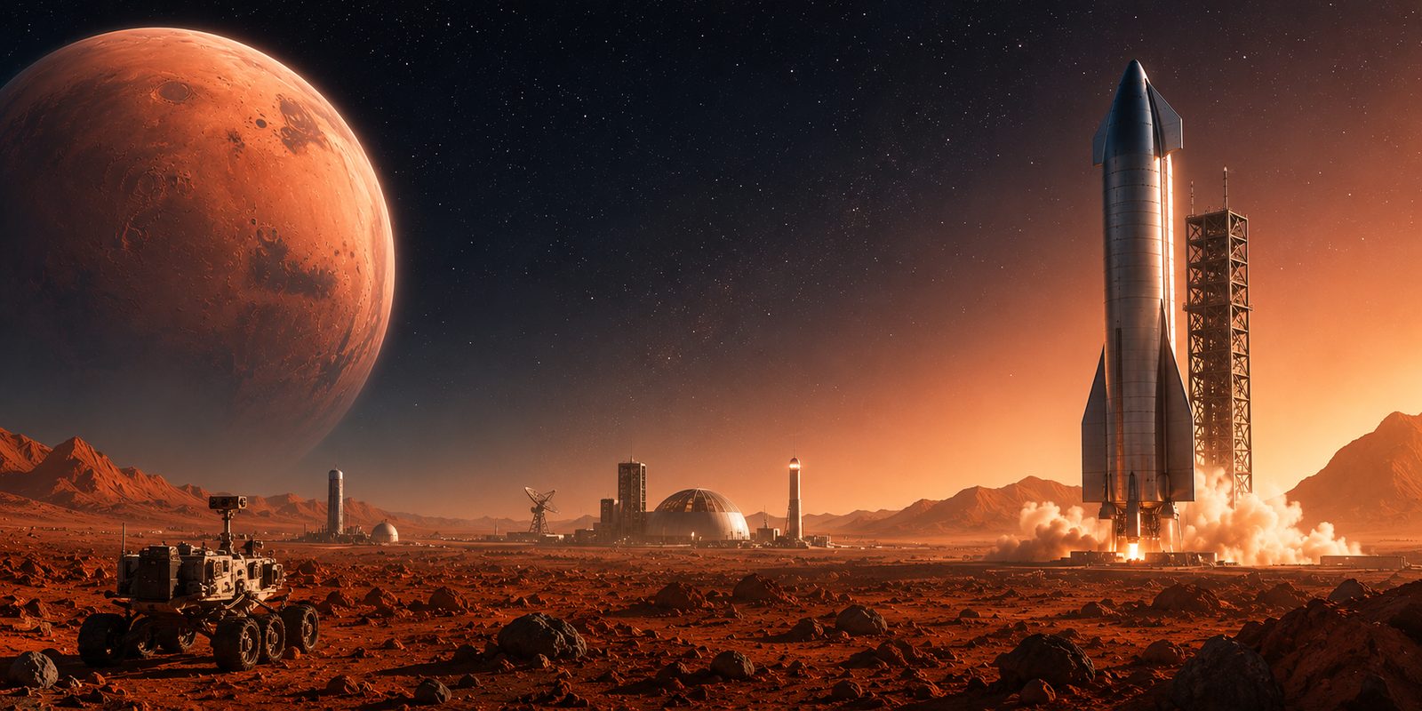 Illustration of an early Mars colony at dusk — a Starship on the launch pad, a domed base and a rover, with the Red Planet in the sky