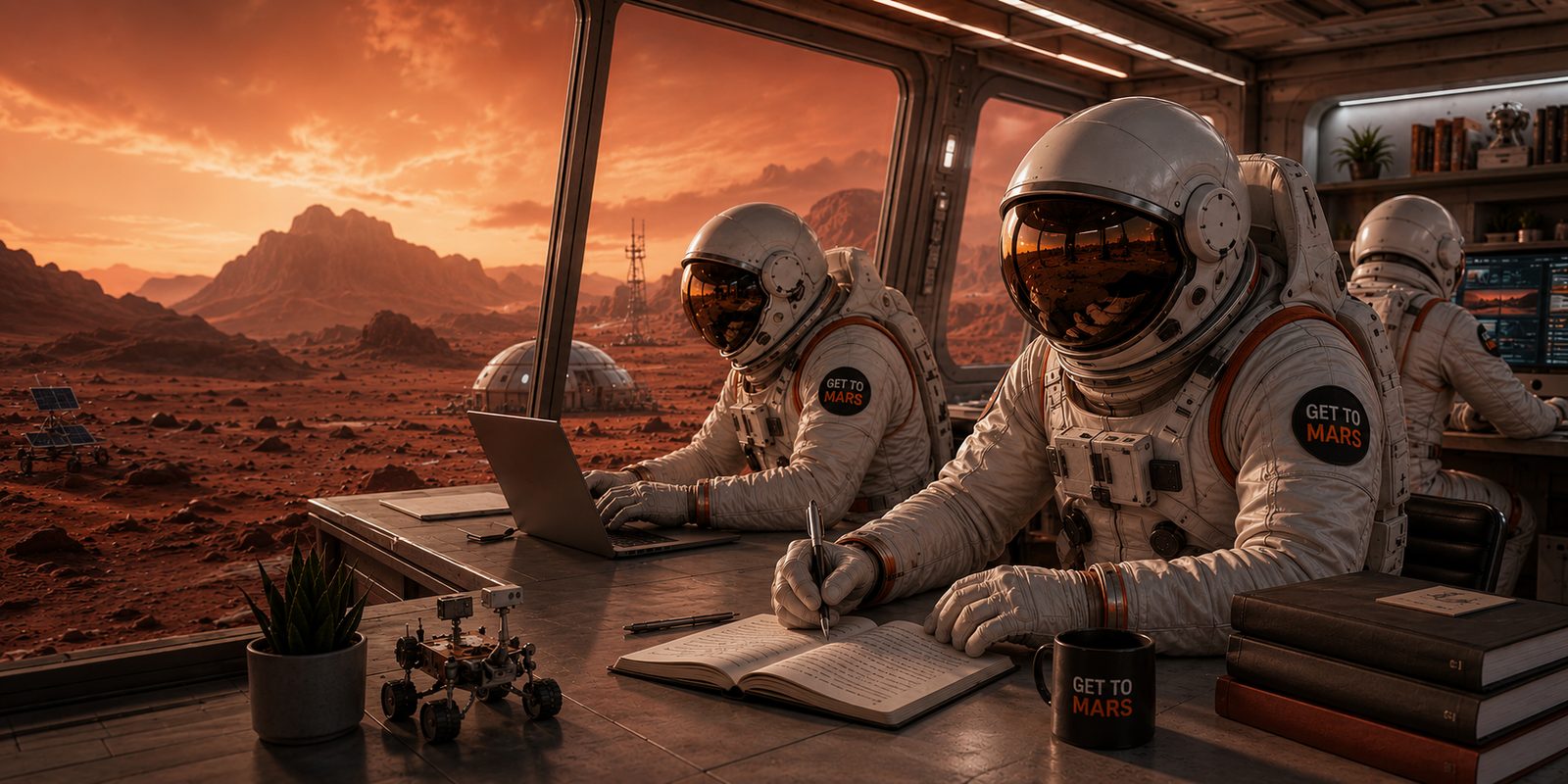 Illustration of Get to Mars writers in branded spacesuits working at a desk inside a Mars habitat