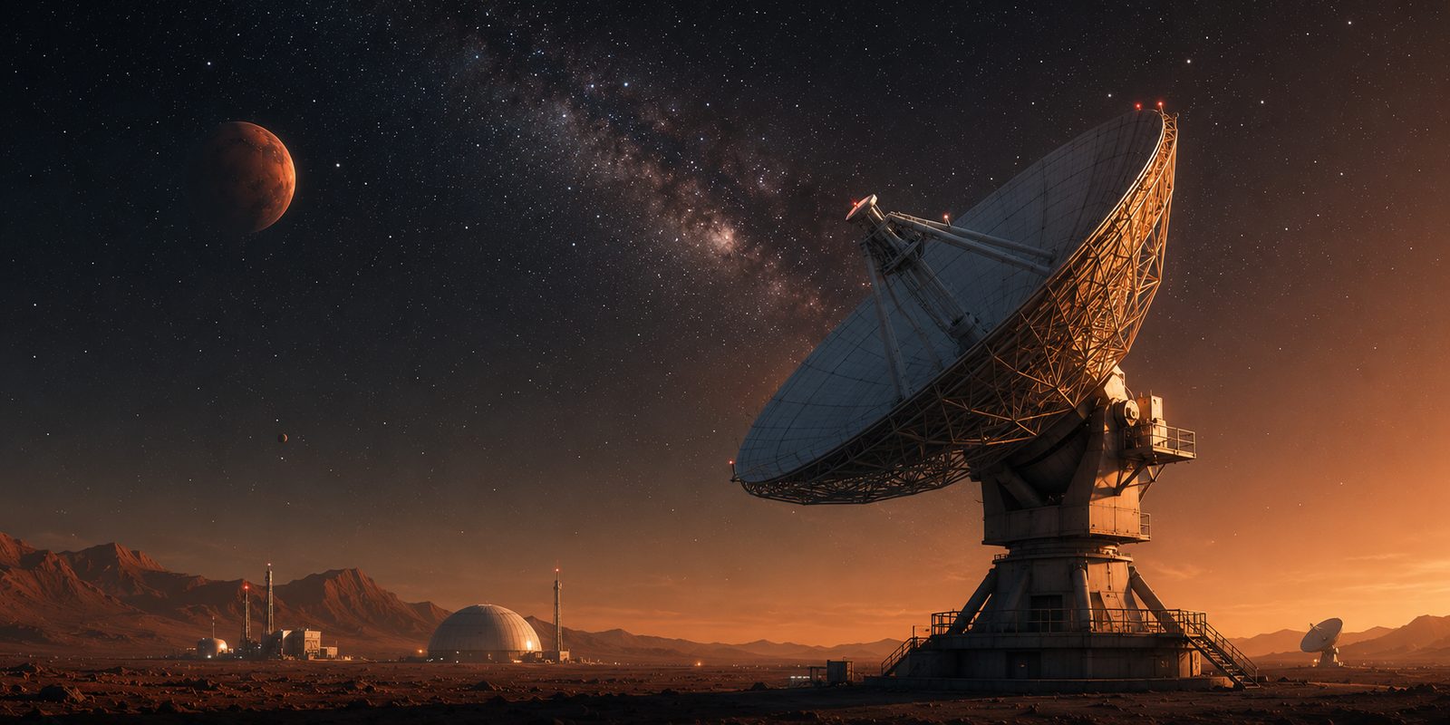 Illustration of a large radio dish antenna at a Mars base under the Milky Way, with the Red Planet in the sky
