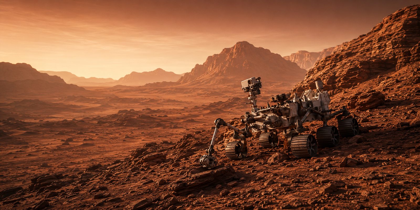 Illustration of a rover examining rocks on the rugged Martian surface at dusk
