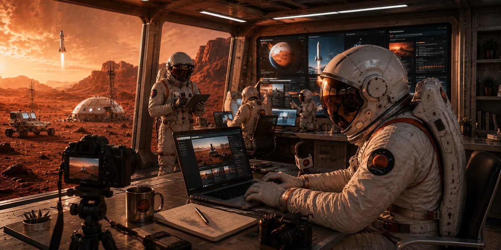 Illustration of a Mars-base newsroom — astronauts at laptops with space-news dashboards, a camera and microphone, a rocket launching outside